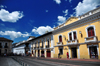 Quito, Ecuador: La Prensa Católica bookshop, Benalcazar Restaurant and Banco Pichincha - Plaza San Francisco - east side - Calle Sebastián de Benalcazar - photo by M.Torres