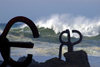 Donostia-San Sebastián, Gipuzkoa province, Euskadi: comb of the wind sculptures, by Eduardo Chillida Juantegui - tall waves on a stormy day at La Concha bay - El peine del viento - Passeo de Eduardo Chillida - photo by J.Zurutuza