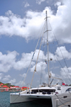 Gustavia, St. Barts / Saint-Barthélemy: 76ft catamaran Akasha, designed by P. Wehrley and built by Matrix Yachts, powered by 2 Yanmar 4LHA-STP Marine diesels - charter yacht - photo by M.Torres