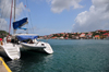 Gustavia, St. Barts / Saint-Barthélemy: aft view of the catamaran Kuthali - Gustavia harbour - photo by M.Torres