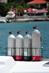 Gustavia, St. Barts / Saint-Barthélemy: oxygen bottles on a divers' boat - photo by M.Torres