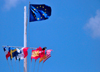 Gustavia, St. Barts / Saint-Barthélemy: Flag of Europe and courtesy flags in the harbour - photo by M.Torres